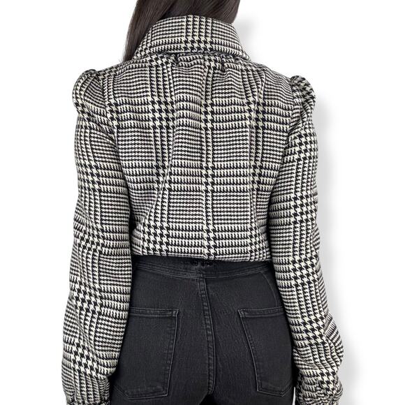 90's black white houndstooth wool blend cropped high neck light jacket - Picture 4 of 16